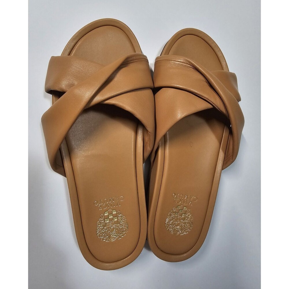 Vince Camuto Women’s Beige Leather Slip-On Slide Sandals Logo Accent 9